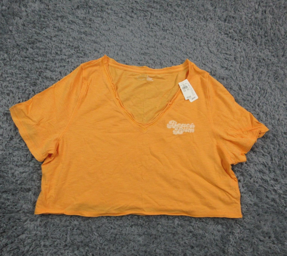 Aerie Shirt Womens Medium Orange Beach Bum Crop Top V Neck Short Sleeve NWT